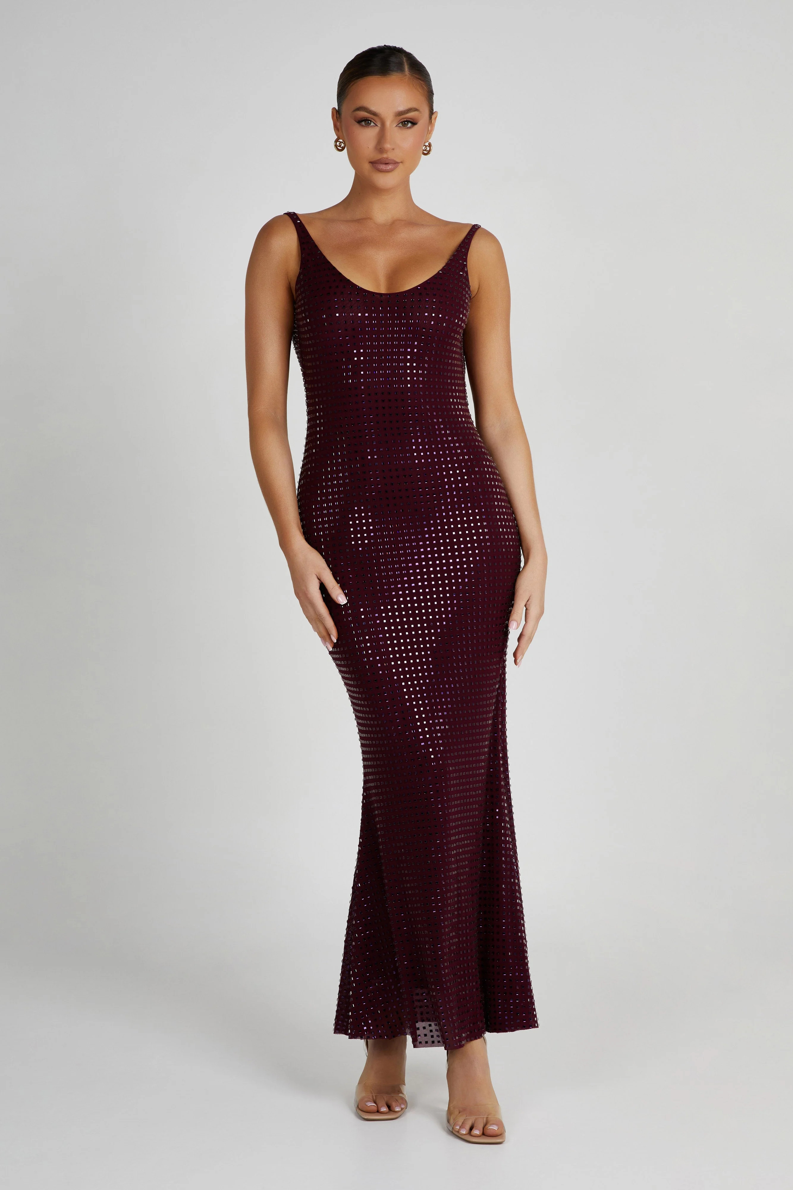 Pam Square Diamante Maxi Dress - Berry | MESHKI US