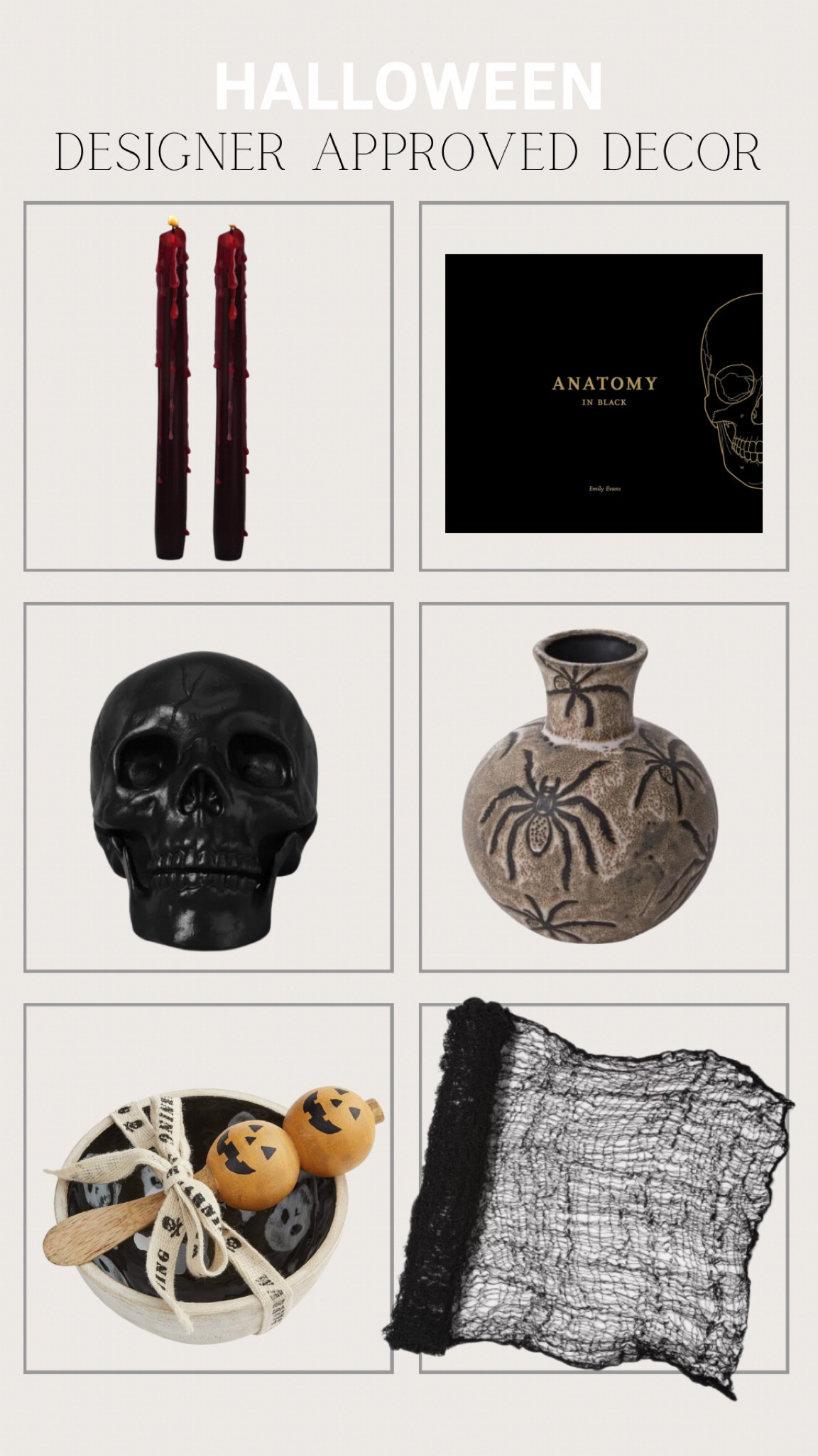 Designer approved Halloween decor… blood taper candlesticks, the perfect scary yet elevated coffee table book, a black skeleton head, a spider bud vase, a dip set, and black netting fabric. 

Style tip: Add this dip set to your charcuterie boards and it instantly makes it a celebration. 

Make sure you check out my Halloween collection for more great Halloween decor ideas  

#LTKSeasonal #LTKStyleTip #LTKHome