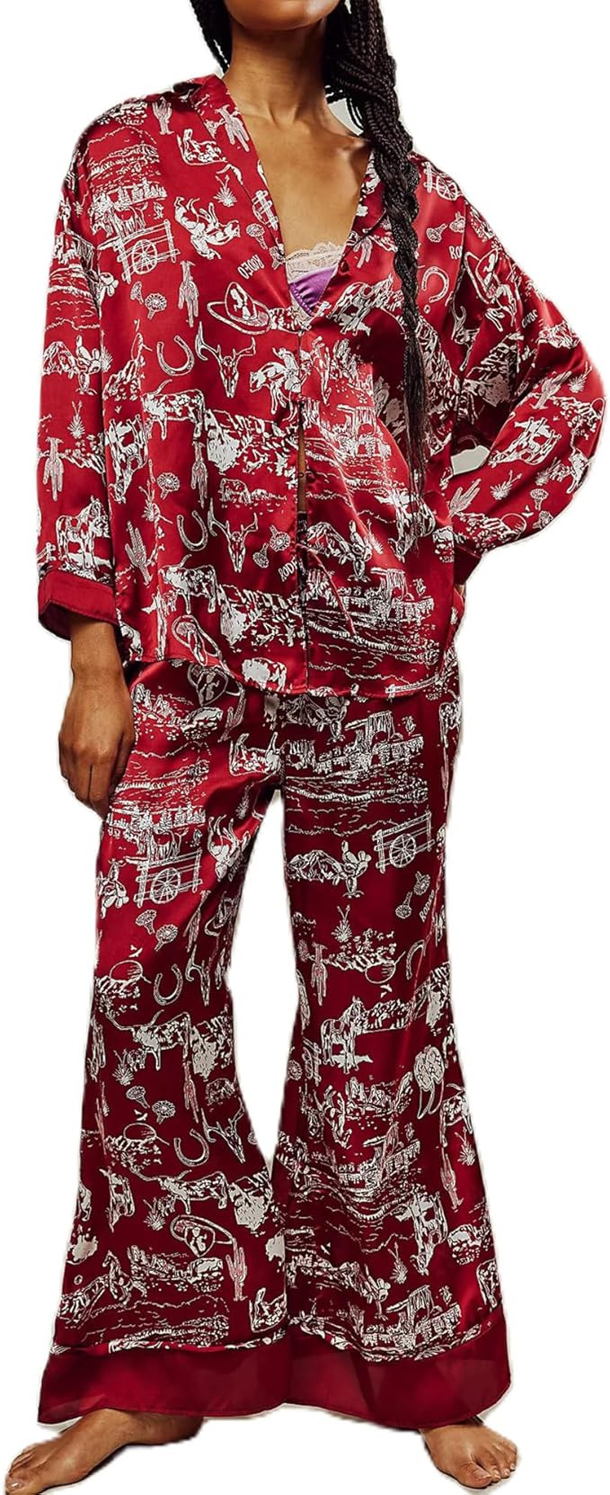 Women Satin Pajama Set Floral Silk Pajamas 2 Piece Lounge Sets Button Down Shirts Wide Leg Pants ... | Amazon (US)
