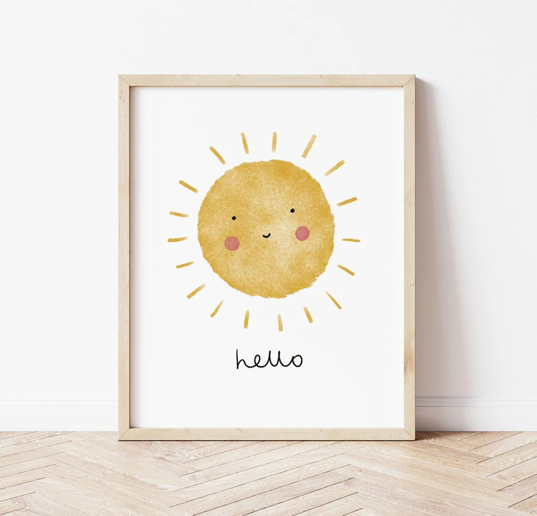 Happy Sun Hello Print, Nursery Poster, Sunshine Print, Children's Bedroom Print, New Baby Gift, K... | Etsy (UK)