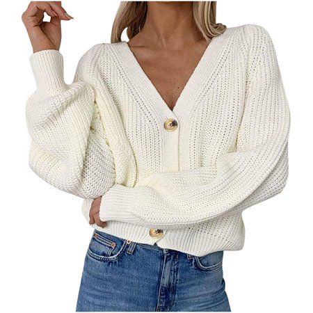Women s Autumn and Winter Classic Casual Style V-Neck Solid Color Button Off The Shoulder Cardigan S | Walmart (US)