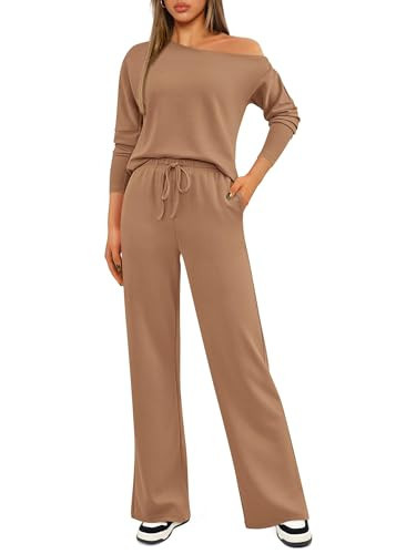 KIRUNDO Womens Fall 2 Piece Outfits 2024 Long Sleeve Off Shoulder Tops & Drawstring Wide Leg Pant Lounge Sets Tracksuit(Khaki, XX-Large) | Amazon (US)