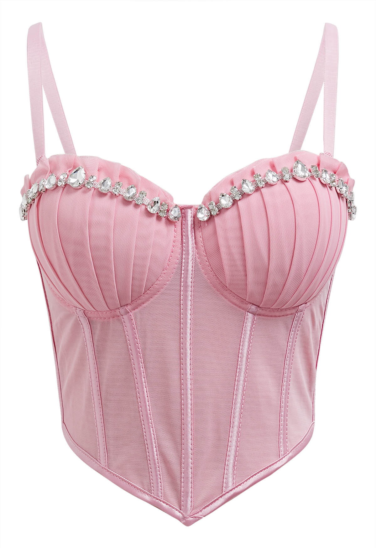 Pear-Shaped Rhinestone Pleated Mesh Bra Top in Pink | Chicwish