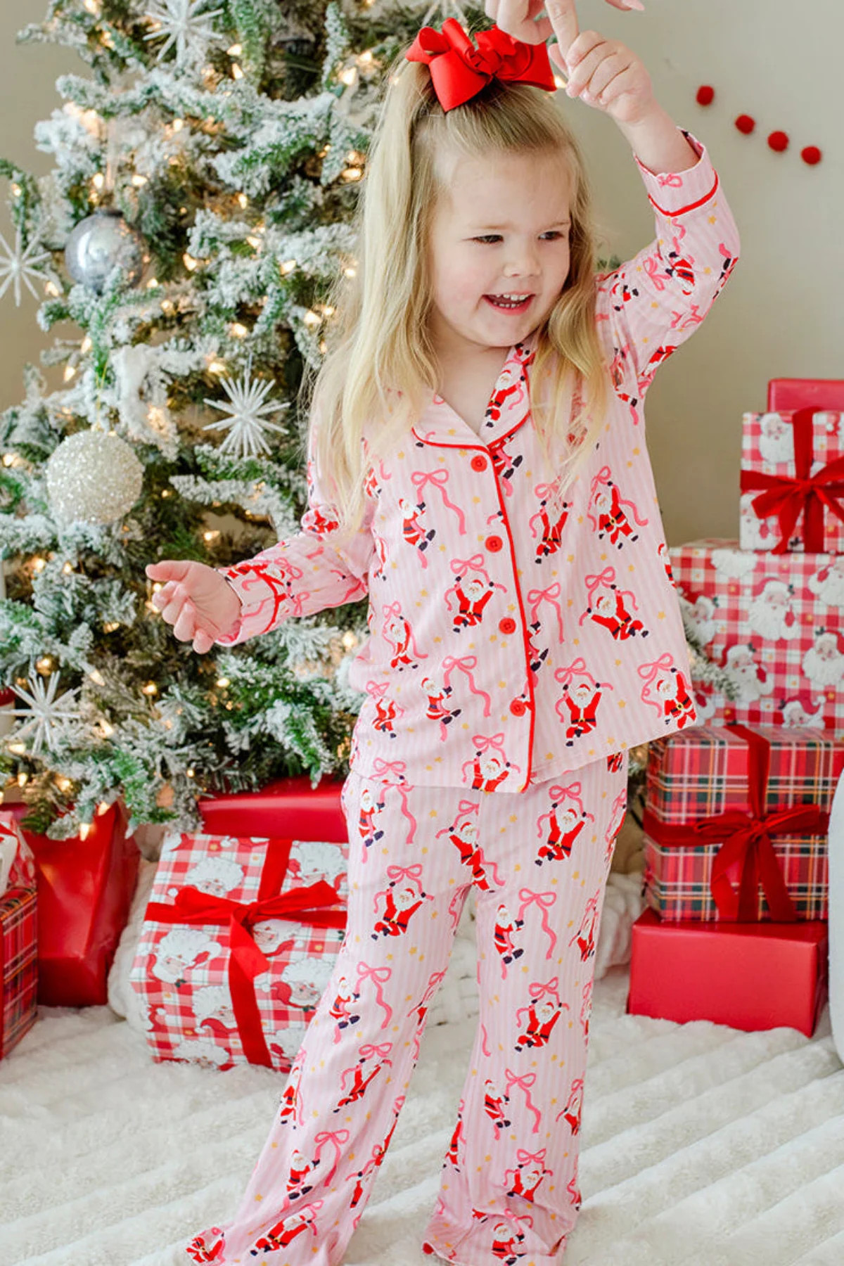Girls' Christmas Two-Piece Flare Lounge Set | Jolly Ribbons | Caden Lane