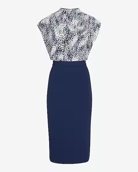 Animal Print Draped Mock Neck Midi Dress | Express