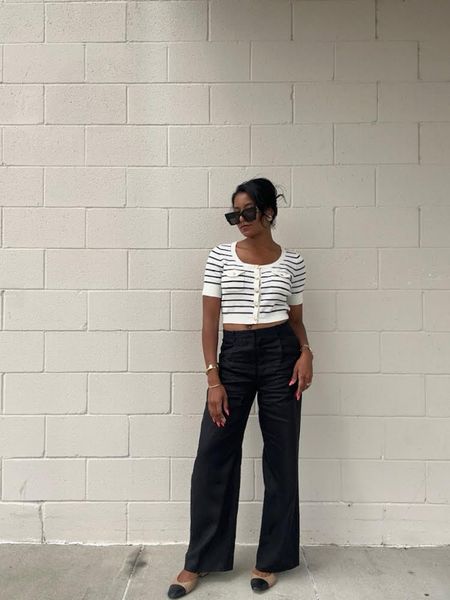 J.Crew button-up sweater-tee, ivory and black stripe sweater, cropped style sweater, wide-leg linen pant, black trouser pant, ASOS ballet flats, black and beige square flats

#LTKStyleTip