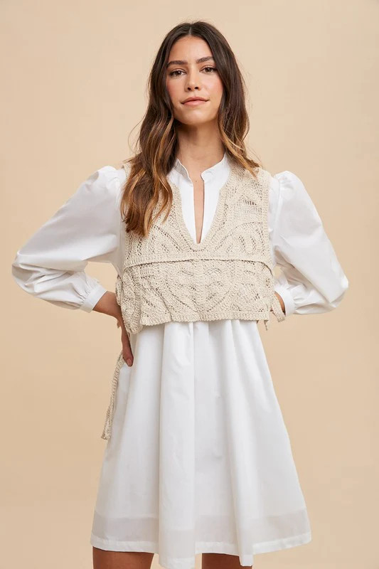 Annie Wear Crochet Vest Notched Long Sleeve Shirt Dress | Charming Charlie