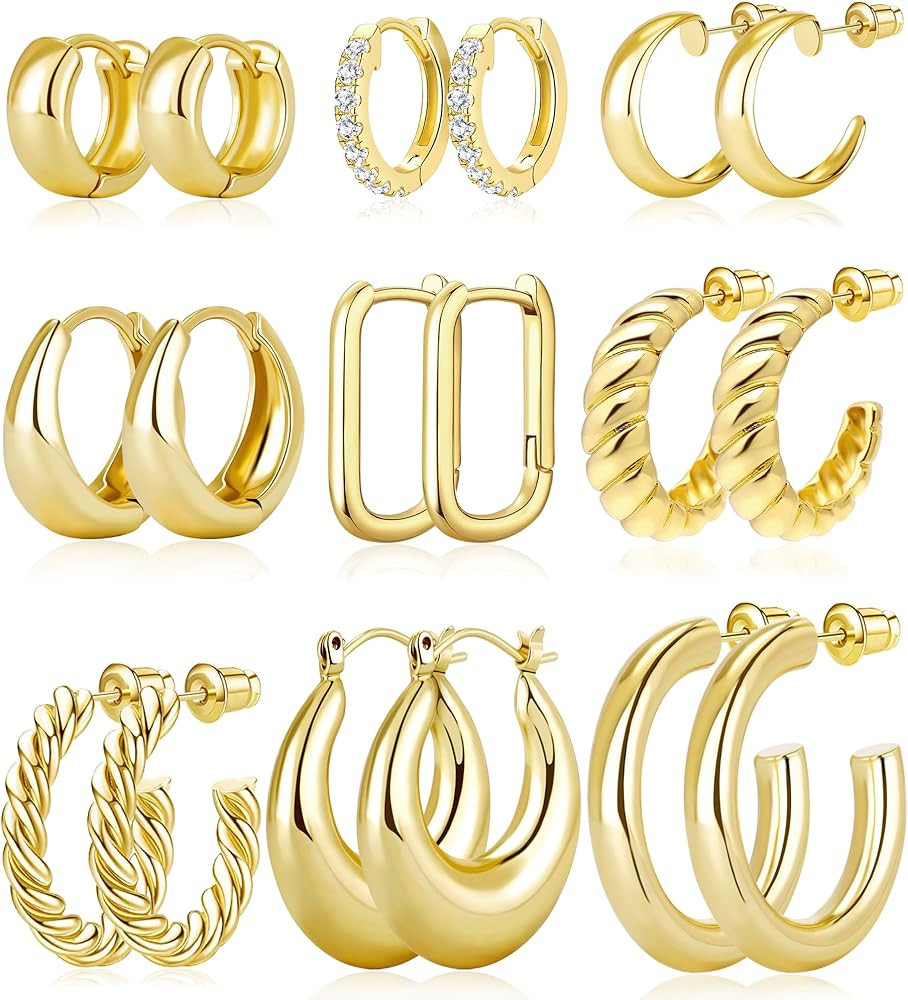 Adoyi Gold Hoop Earrings, 9 Pairs Gold Hoops Earrings Small Chunky Huggie Hoop Earrings Set for W... | Amazon (US)
