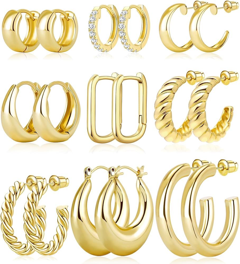 Adoyi Gold Hoop Earrings, 9 Pairs Gold Hoops Earrings Small Chunky Huggie Hoop Earrings Set for W... | Amazon (US)