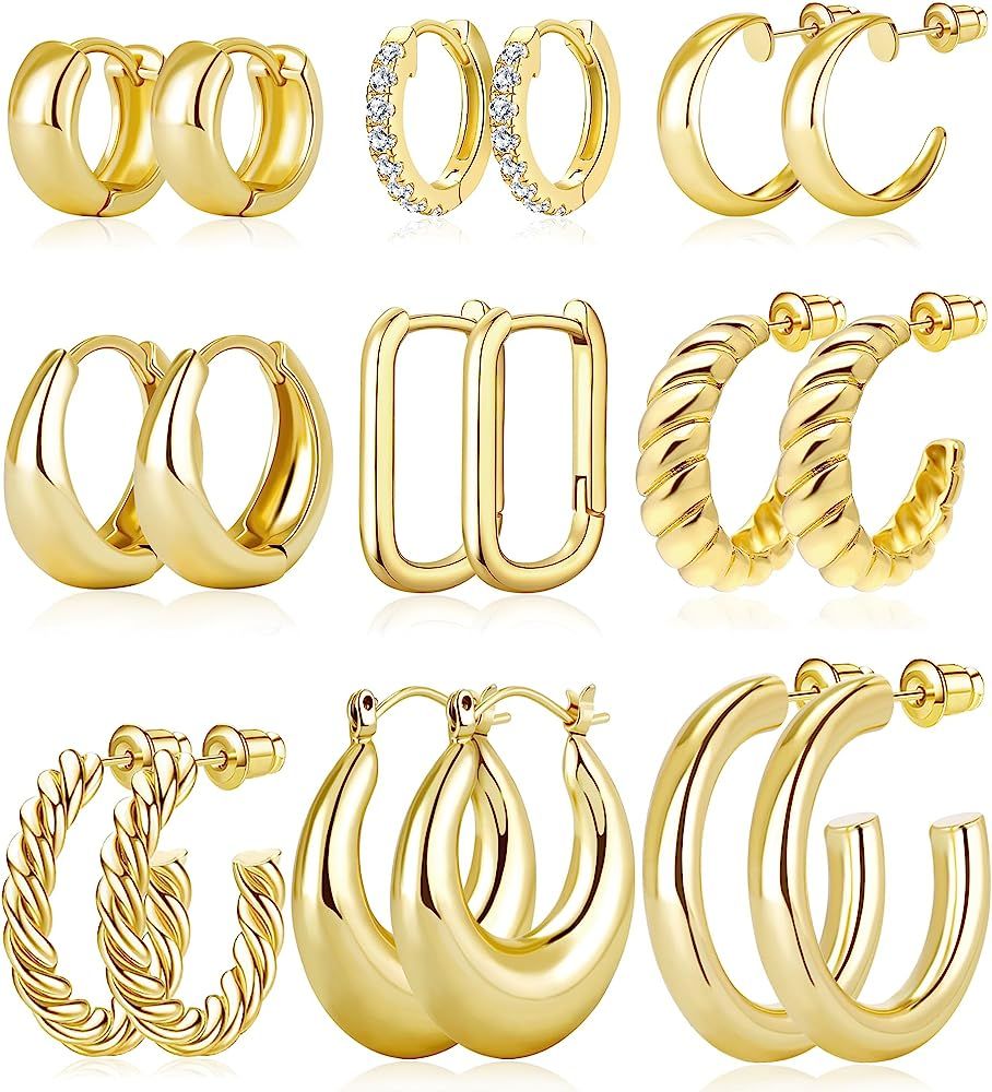 Adoyi Gold Hoop Earrings, 9 Pairs Gold Hoops Earrings Small Chunky Huggie Hoop Earrings Set for W... | Amazon (US)