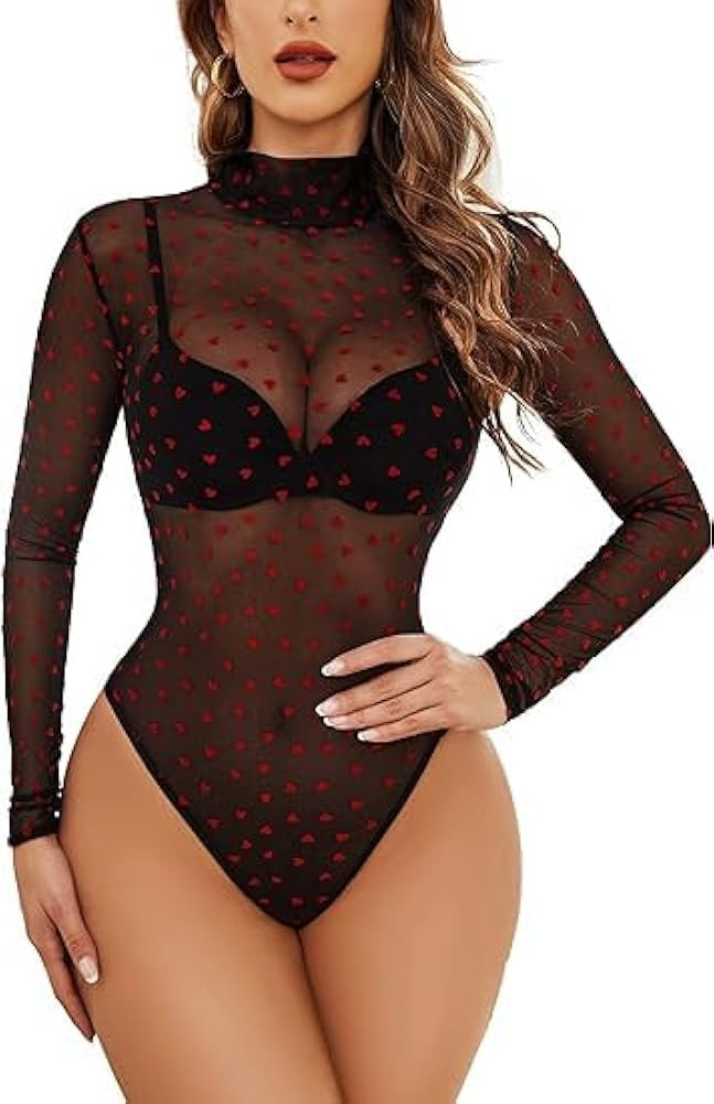 Passec Womens Sheer Mesh Long Sleeve Bodysuit Mock Turtle Neck See Through Lace Leotards Geo Prin... | Amazon (US)