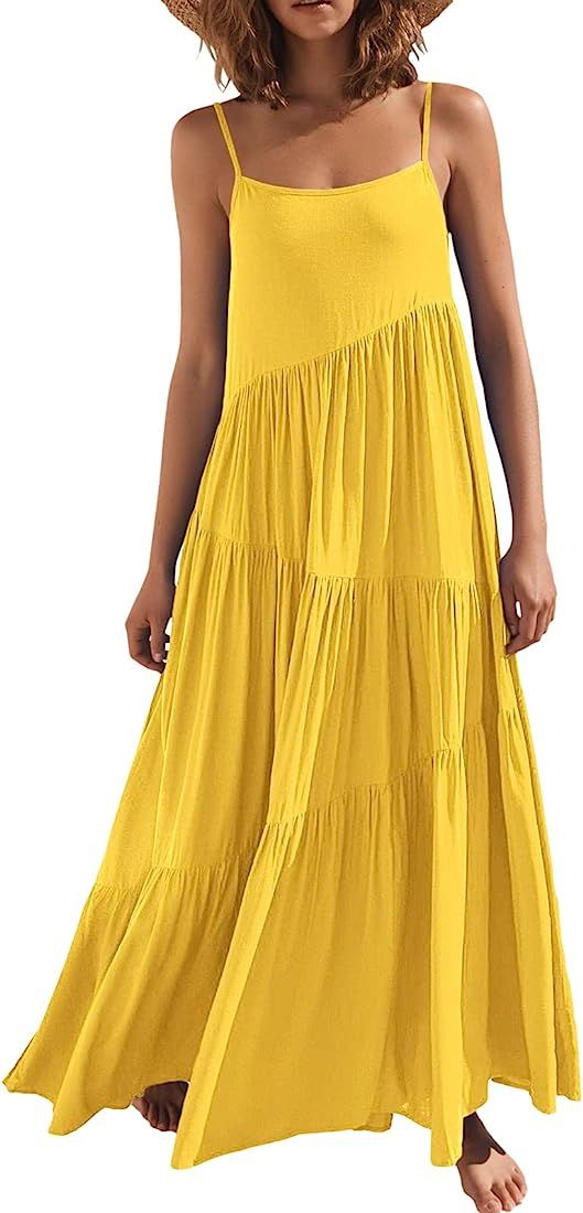 ANRABESS Women’s Summer Casual Loose Sleeveless Spaghetti Strap Asymmetric Tiered Beach Maxi Lo... | Amazon (US)