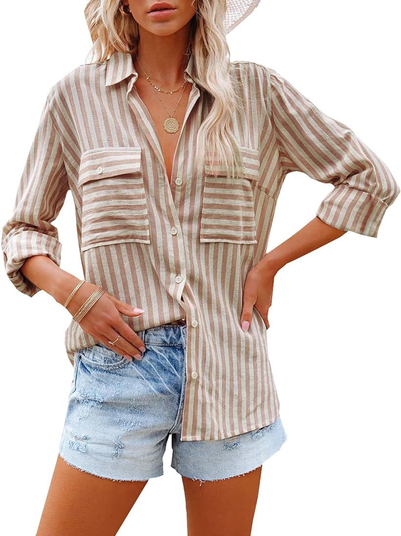 OMSJ Women's Striped Button Down Shirts Casual Long Sleeve Stylish V Neck Blouses Tops with Pockets | Amazon (US)