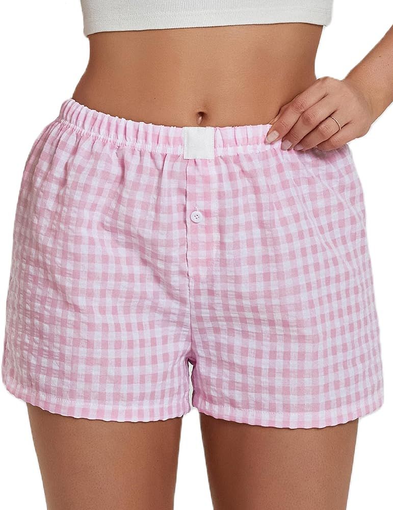 Women Y2k Pajamas Shorts Gingham Cute Pj Short Pants Plaid Lounge Shorts Sleep Bottoms Elastic Wa... | Amazon (US)