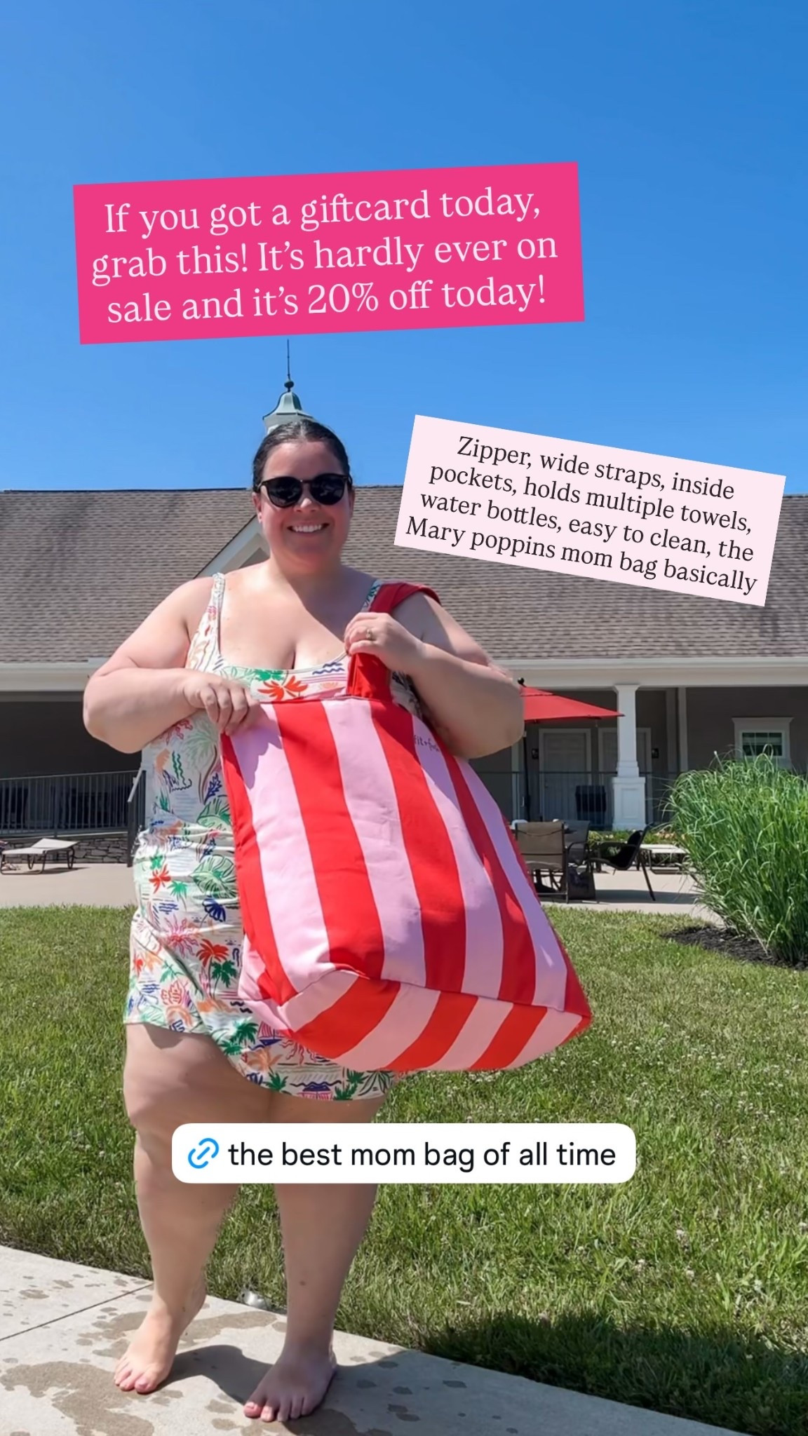 If you got a giftcard today, grab this! It’s hardly ever on sale and it’s 20% off today!  Zipper, wide straps, inside pockets, holds multiple towels, water bottles, easy to clean, the Mary poppins mom bag basically