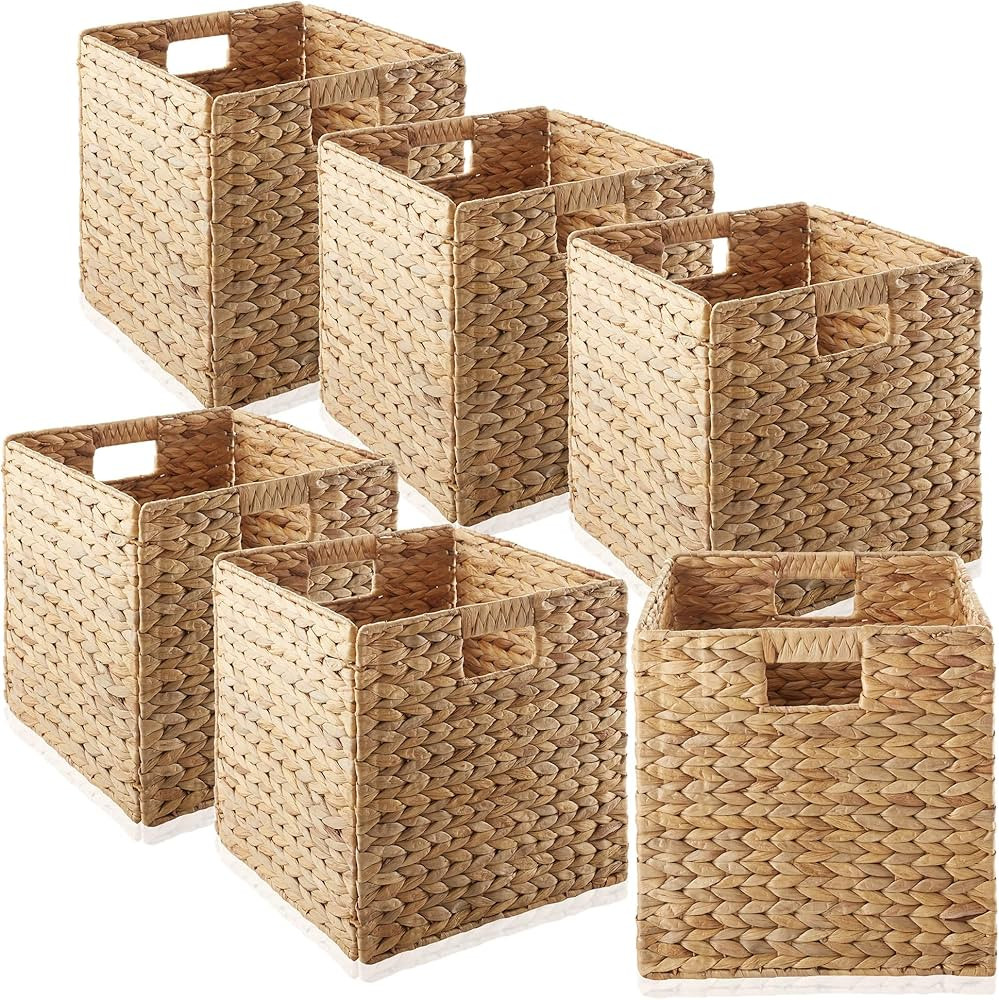 Casafield 12" x 12" Water Hyacinth Storage Baskets, Natural - Set of 6 Collapsible Cube Organizers, Woven Bins for Bathroom, Bedroom, Laundry, Pantry, Shelves | Amazon (US)