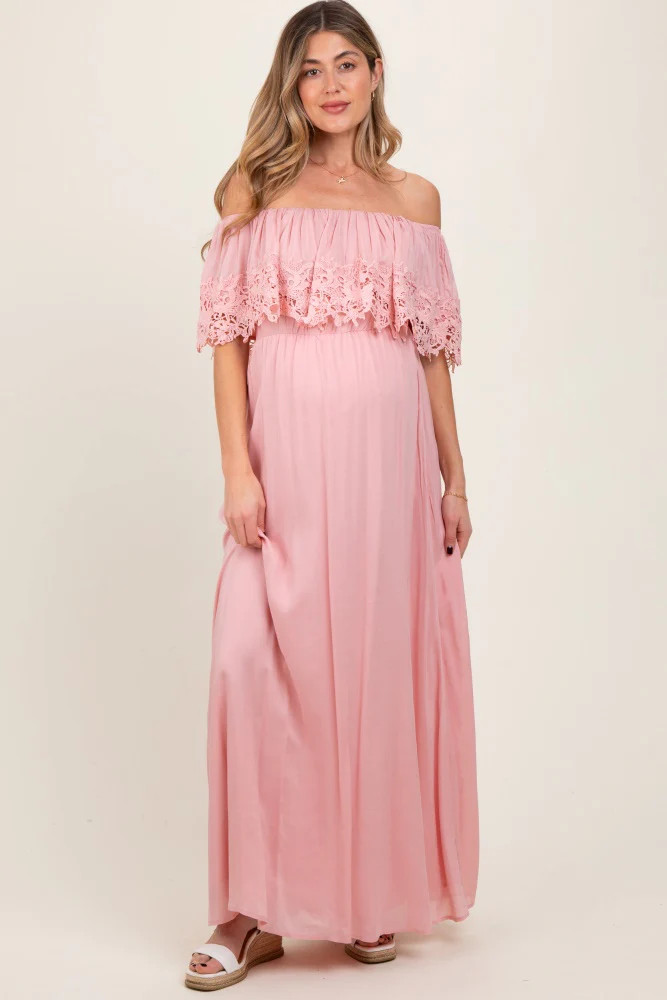 Pink Lace Off Shoulder Maternity Maxi Dress | PinkBlush Maternity
