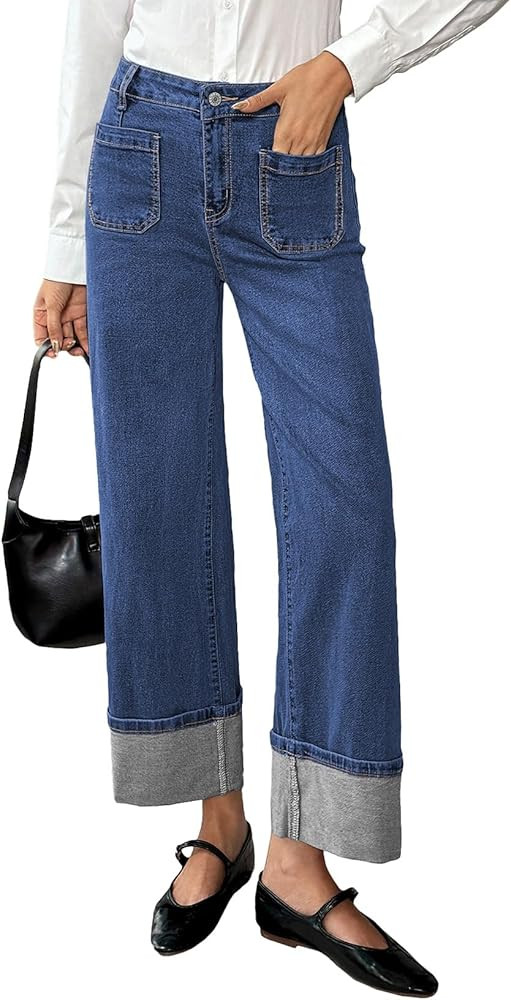 EVALESS Womens Jeans High Waisted Stretchy Cuffed Wide Leg Denim Pants with Pockets | Amazon (US)