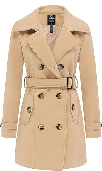 Wantdo Women's Double Breasted Pea Coat Winter Mid-Long Trench Coat with Belt | Amazon (US)