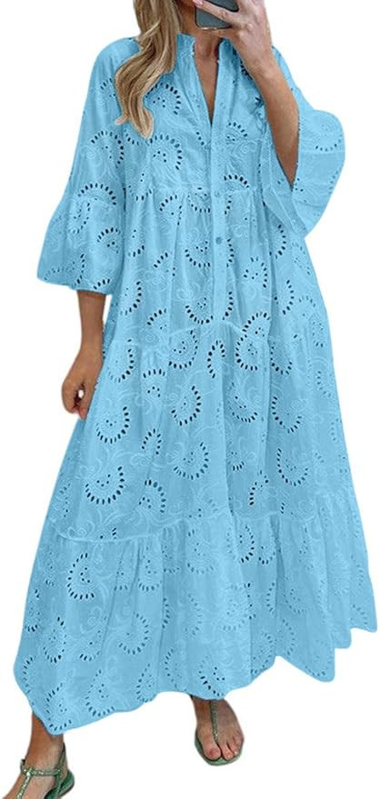 chouyatou Women's 2025 Lace Eyelet Embroidery Maxi Dress V-Neck Trumpet Sleeve Boho Flowy Swing D... | Amazon (US)