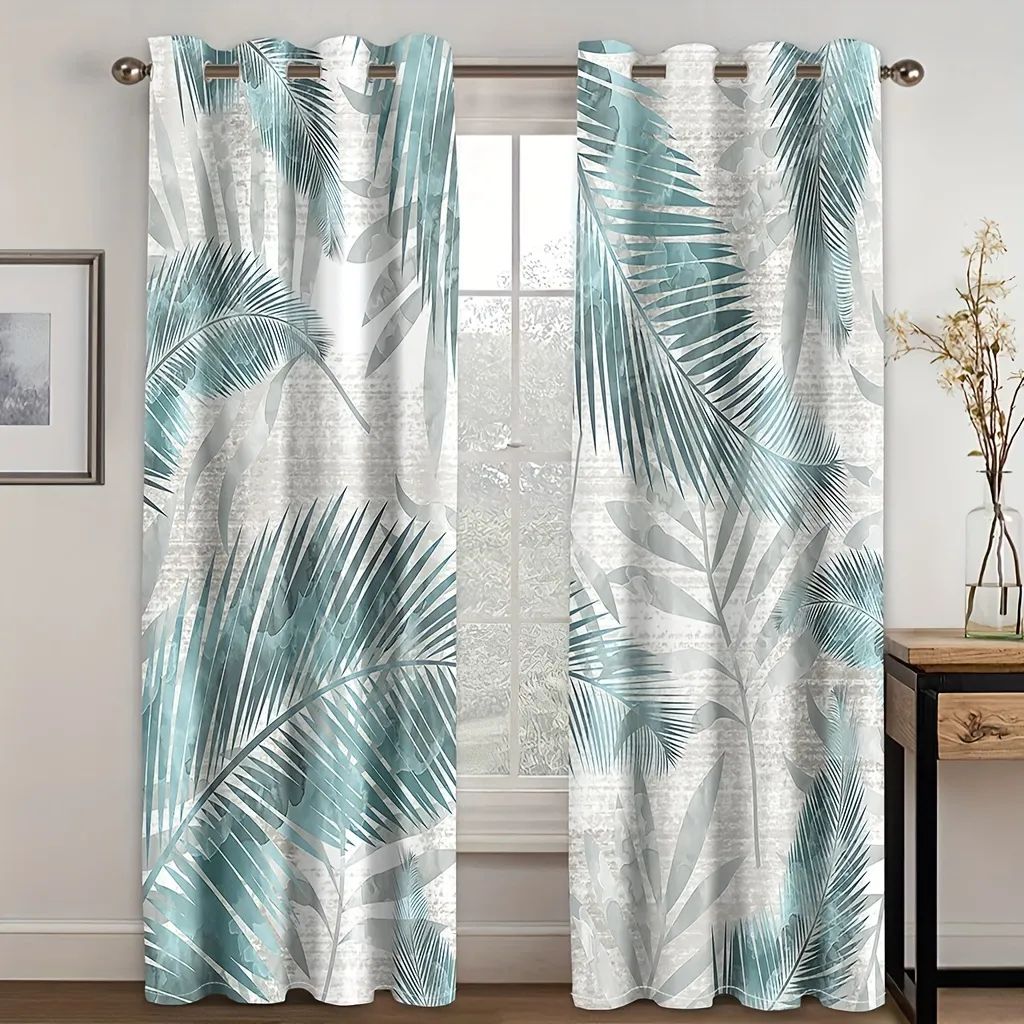 2pcs Blue Curtains, Tropical Palm Leaf Nature Pattern Window Drapes, Window Treatment For Bedroom... | Temu Affiliate Program