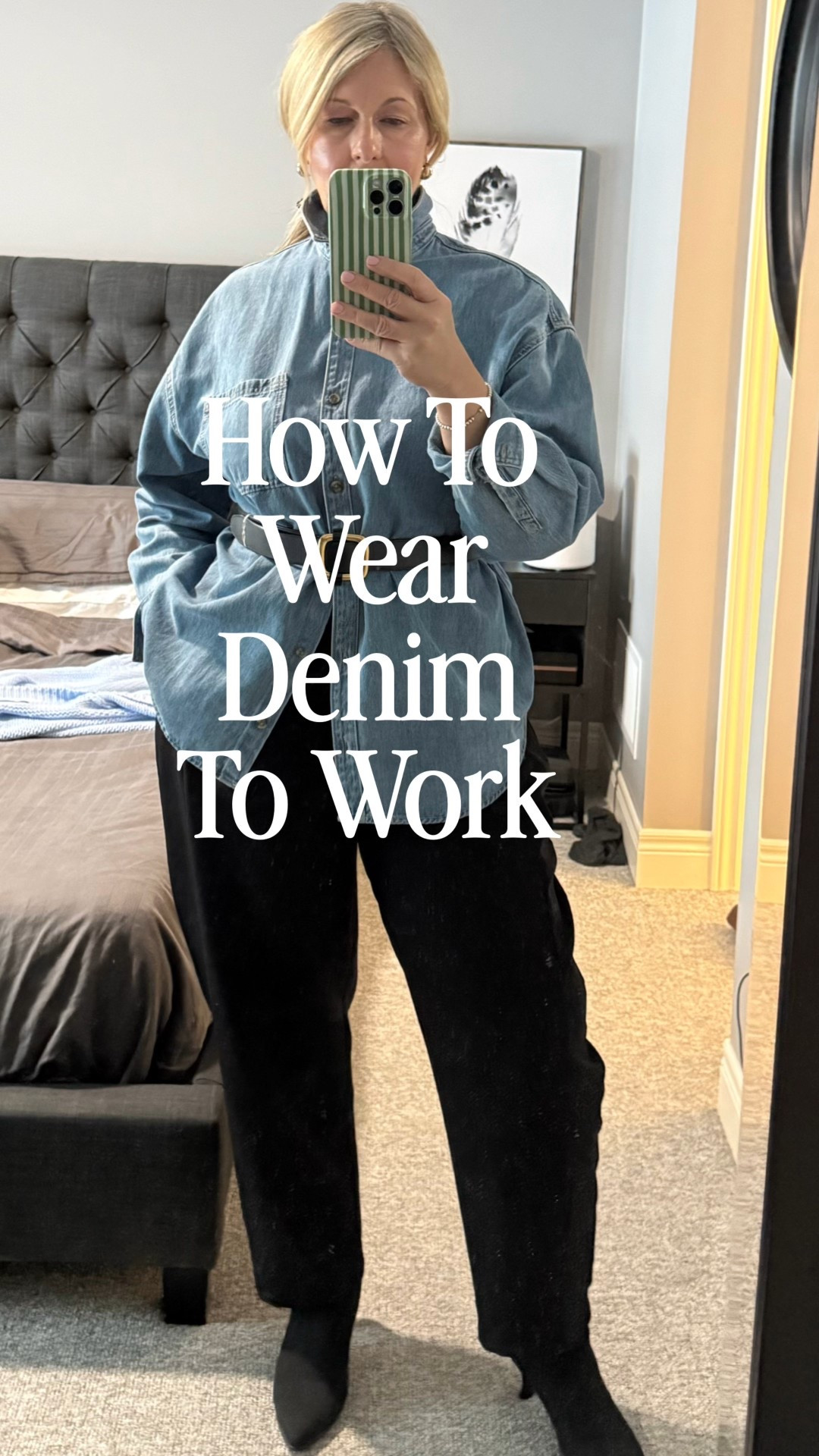 I love this look. Denim is so versatile it goes with everything. 
This is the Perfect look for the office or even date night. Adding a belt to cinch the waist and popping the collar just makes it more dressy. 
Boots are Cosy Island. 
What are you wearing your denim with.?

#LTKover50style #LTKmidsize #LTKworkwear