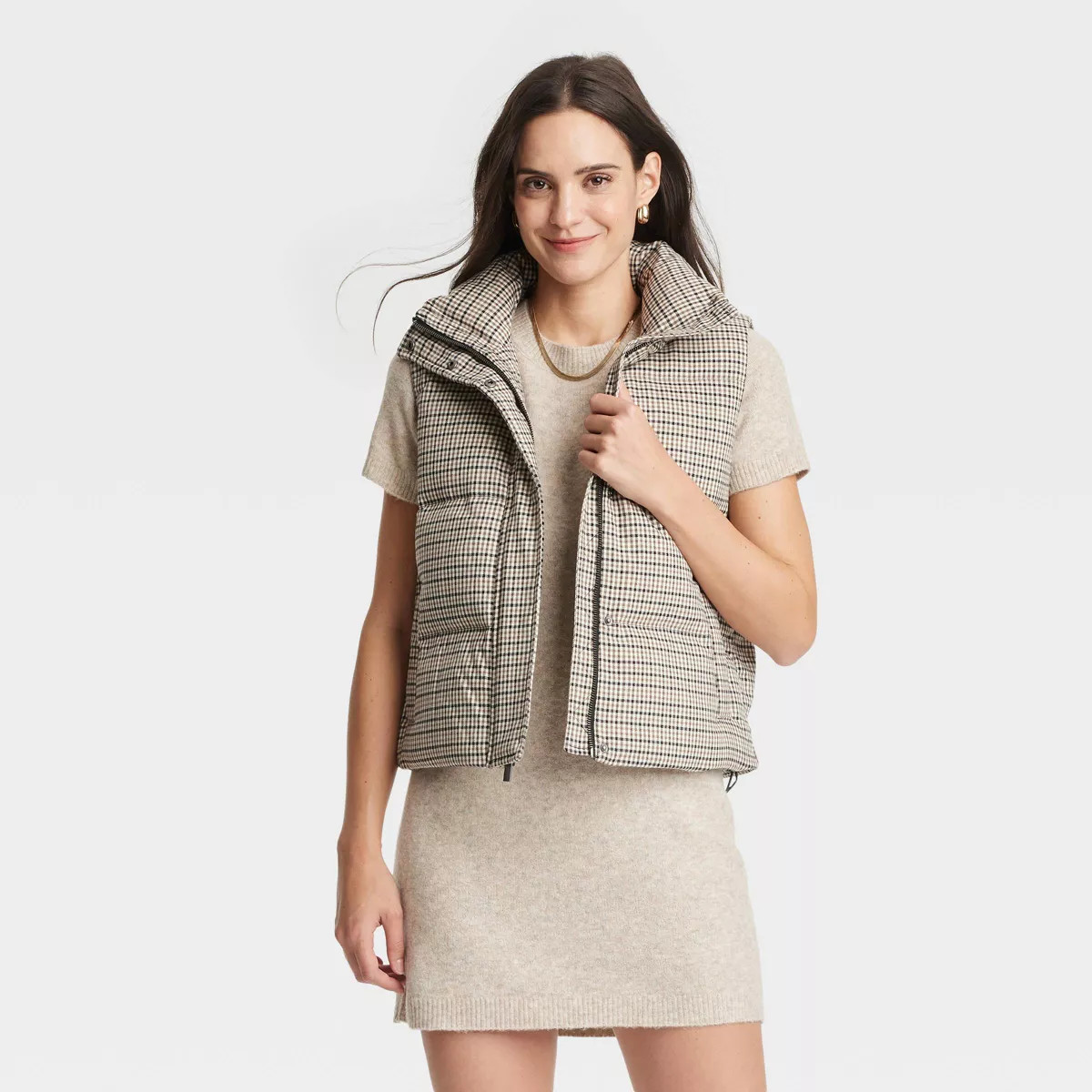 Women's Puffer Vest - A New Day™ Brown Plaid | Target
