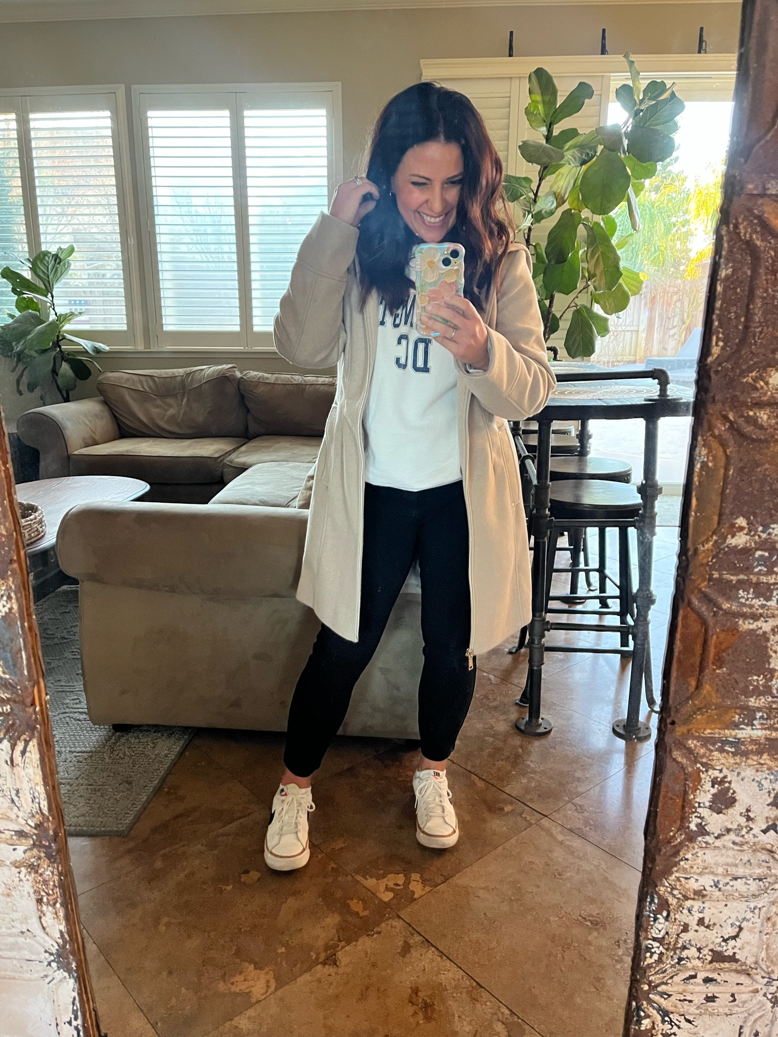 Vacation sweatshirt, cropped pants, wool coat, and comfy sneakers for an easy Wednesday winter look for teaching and an evening of basketball.

Petite style
Teacher ootd

#LTKFindsUnder50 #LTKPetite #LTKOver40