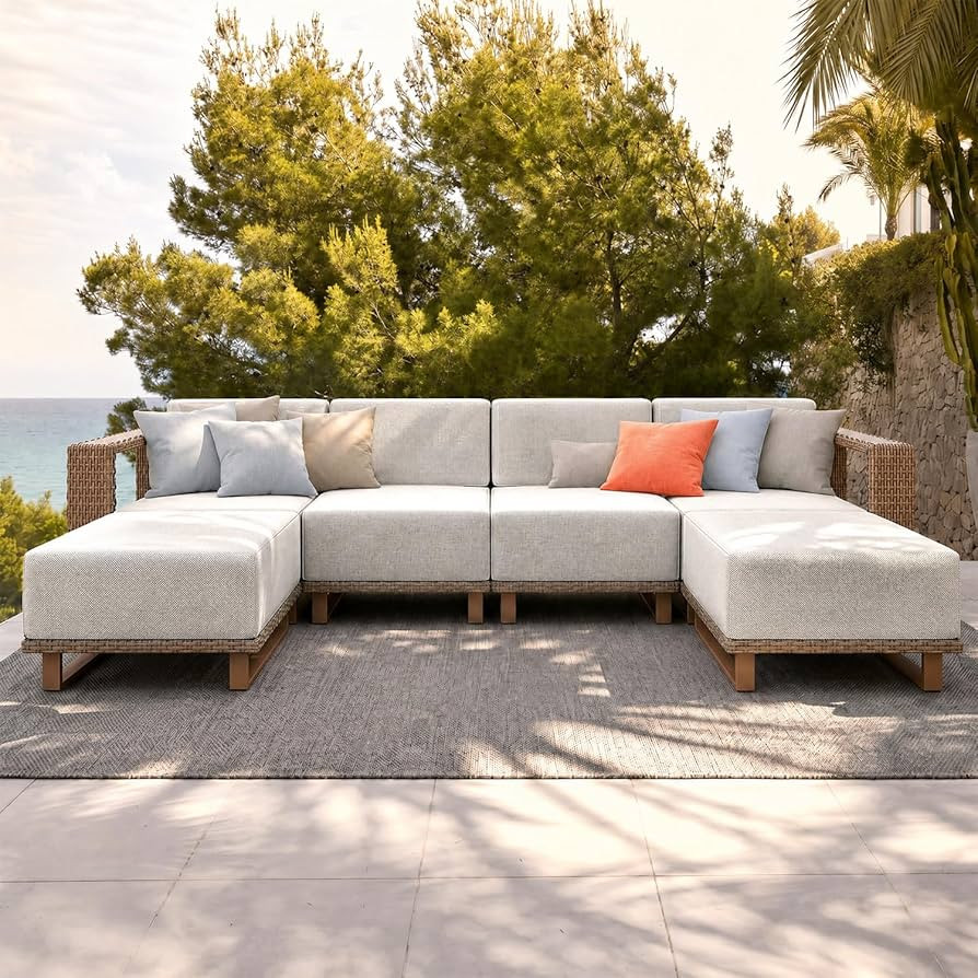 MIXPATIO Patio Sectional Furniture Set, 6 Piece Outdoor Wicker Sofa Couch Set, Yellow Rattan Modu... | Amazon (US)
