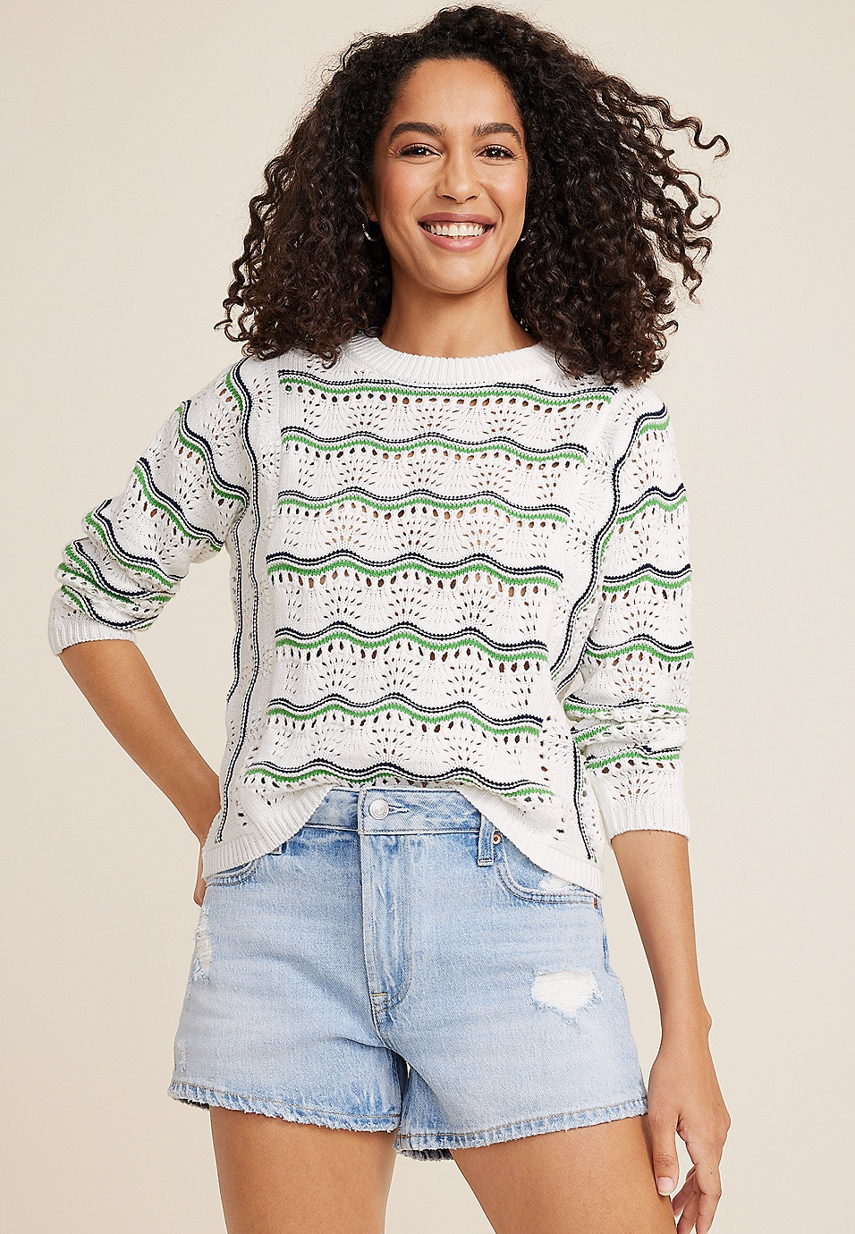 Striped Wave Pointelle Stitch Sweater | Maurices