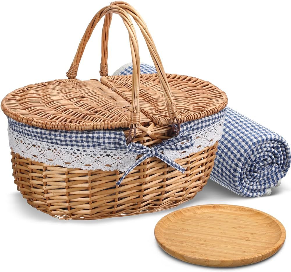 Picnic Basket with Blankets and Bamboo Plates Picnic Supplies Set Basket with Lid and Handle Wick... | Amazon (US)