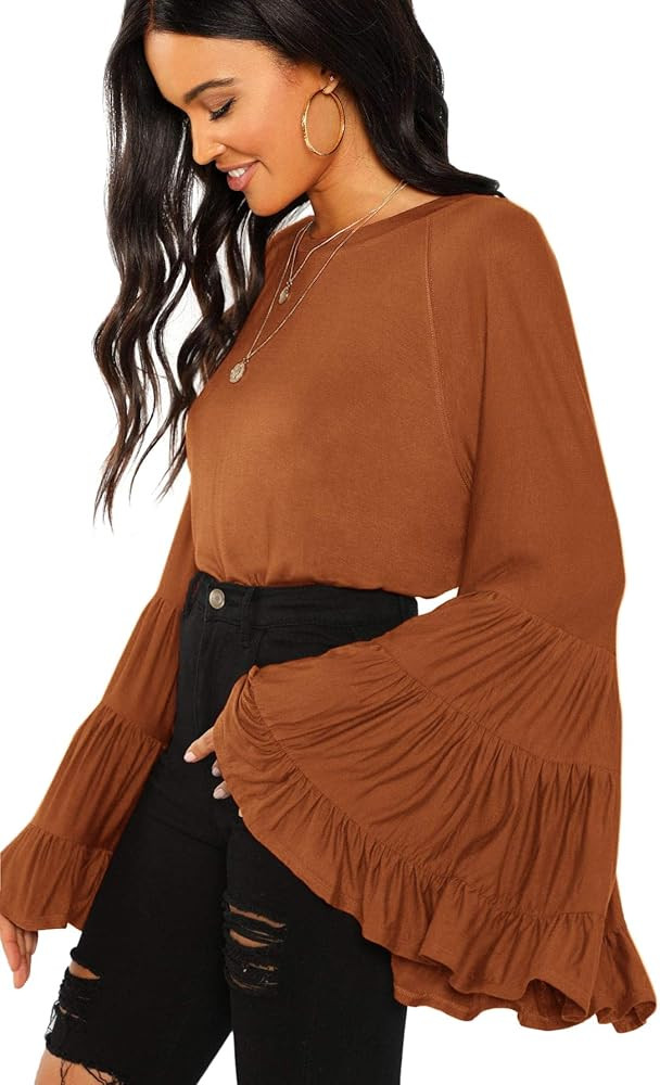 Floerns Women's Casual Boho Ruffle Long Bell Sleeve Tops Tee Shirt | Amazon (US)