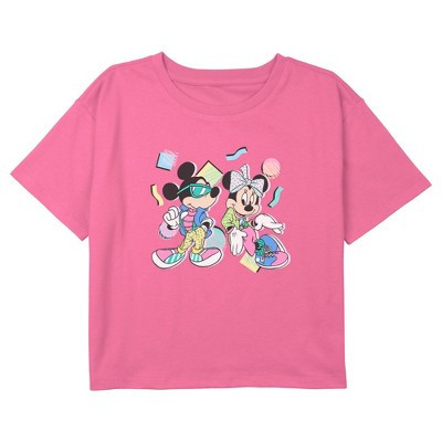Girl's Mickey & Friends Retro '80s Minnie and Mickey Mouse Crop T-Shirt - Light Pink - X Small | Target