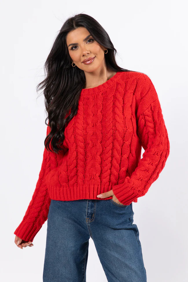 A Cozy Place Red Cable Knit Crew Neck Sweater | Pink Lily