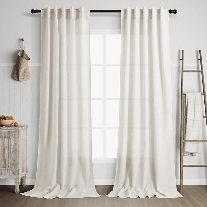 Cream Linen Curtains 102 inches Long for Living Room Back Tab Privacy Semi Sheer Curtains Modern ... | Amazon (US)