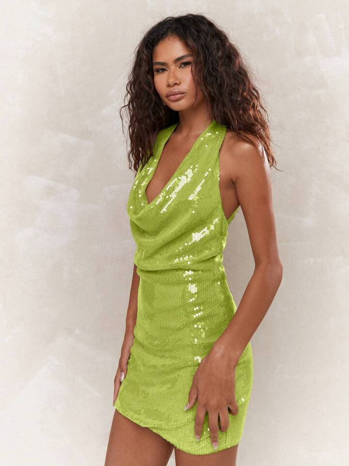 MISSGUIDED Y2K Futuristic Stunning St. Patrick's Day Party Sequin Halter Mini Dress Cowl Neck Sle... | SHEIN