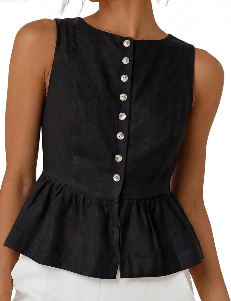 SKIKYAN Women's Linen Tank Tops Sleeveless Peplum Top Button Front Casual Flared Hem Blouse for S... | Amazon (US)