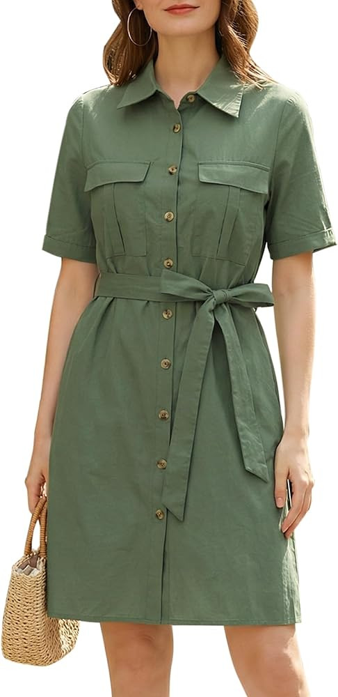 Allegra K Women's Safari Dress Collared Short Sleeve Cotton Belted Button Down Shirt Dresses | Amazon (US)