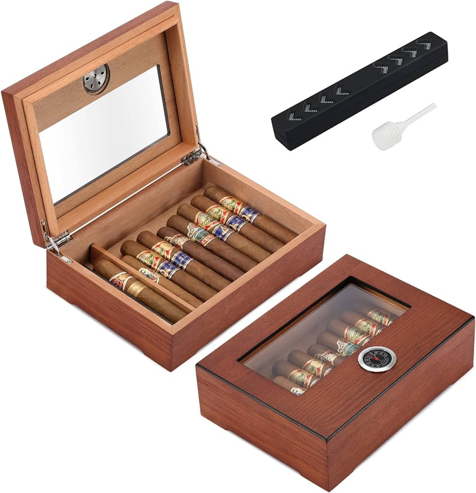 TISFA Cigar Humidor, Glass Top Cigar Box with Hygrometer Humidifier and Divider, Desktop Cedar Wo... | Amazon (US)