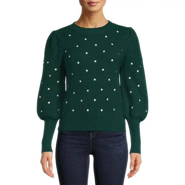 Dreamers by Debut Women's Embroidered Polka Dot Pullover with Puff Sleeves - Walmart.com | Walmart (US)