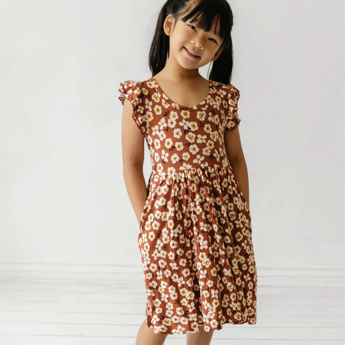 Mocha Blossom Flutter Twirl Dress | Little Sleepies