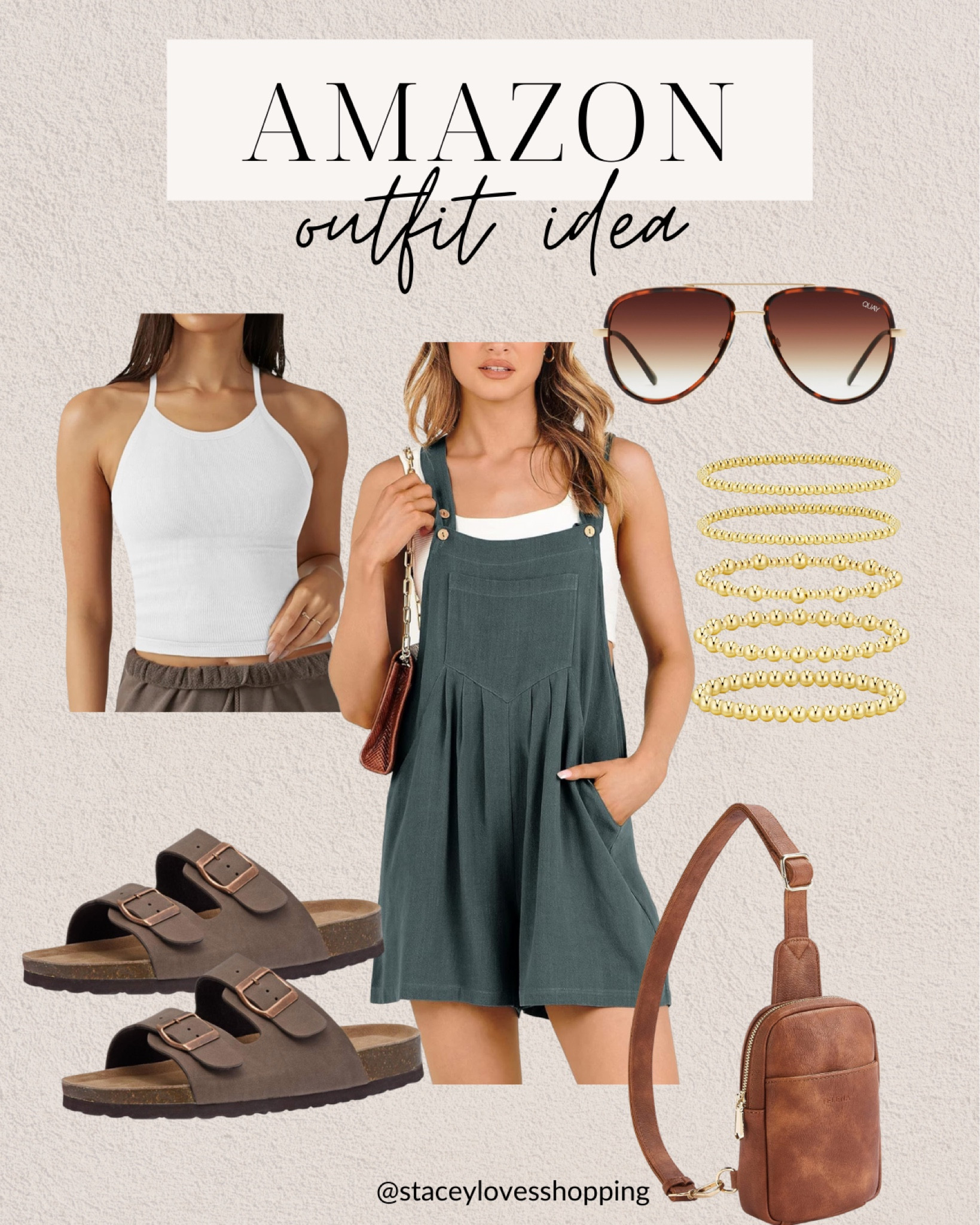 Amazon outfit idea!  Amazon shortalls, built in bra tank, Birkenstock look for less sandals, sling bag, aviator sunglasses and gold bracelets.

Fall outfit, summer outfit, casual outfit

#LTKFindsUnder50 #LTKStyleTip #LTKOver40
