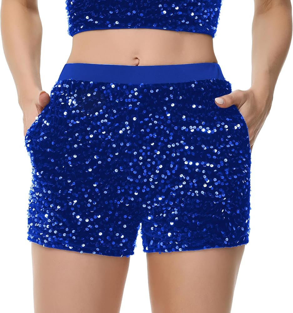 Women's Sparkly Sequin Shorts Elastic Waist Glitter Straight Leg Party Shorts with Pockets, Royal... | Amazon (US)