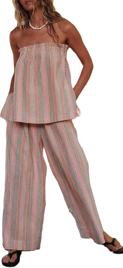 Two Piece Linen Sets for Women Summer Tube Top and Wide Leg Pant Lounge Matching Set 2 Piece Beac... | Amazon (US)