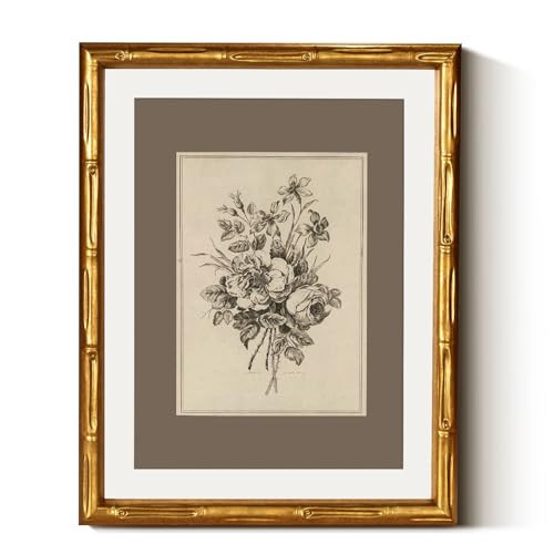Vintage Floral Drawing Wall Art Classic Black White Flower Sketch, 11x14 Gold Bamboo-Textured Framed Botanical Illustration Canvas Print Acrylic Cover, Farmhouse Bedroom Hallway Office Decor | Amazon (US)