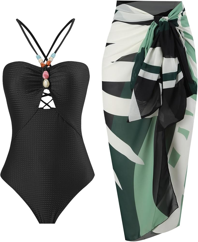 Women's One Piece Swimsuit with Beach Cover up Sarong Wrap Skirt 2PCS Halter Tummy Control Summer... | Amazon (US)