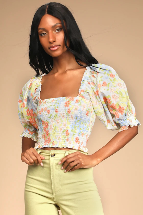 Feeling Groovy Blue Multi Floral Smocked Puff Sleeve Crop Top | Lulus (US)