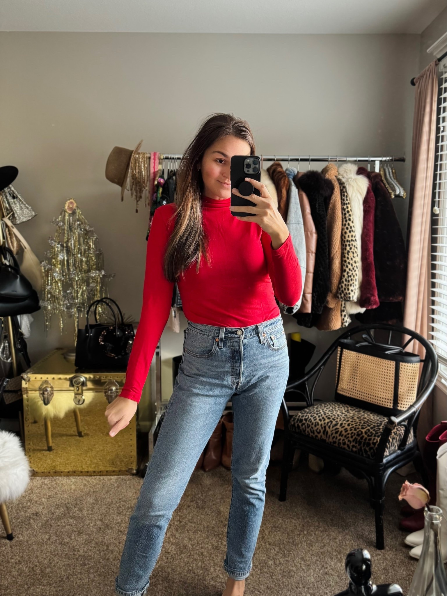 Red, mock neck long sleeve— perfect for upcoming festive activities! Comes in multiple colors and depending on what size you order, prices are as low as $7! Thin material, but not see thru. Very stretchy. 

I’m wearing a small in “red”. Color appears more vibrant in pictures but is still a perfect holiday red ❤️

Levi’s; wearing a 28x32

Basic tee, basics

#LTKTall #LTKStyleTip #LTKSaleAlert