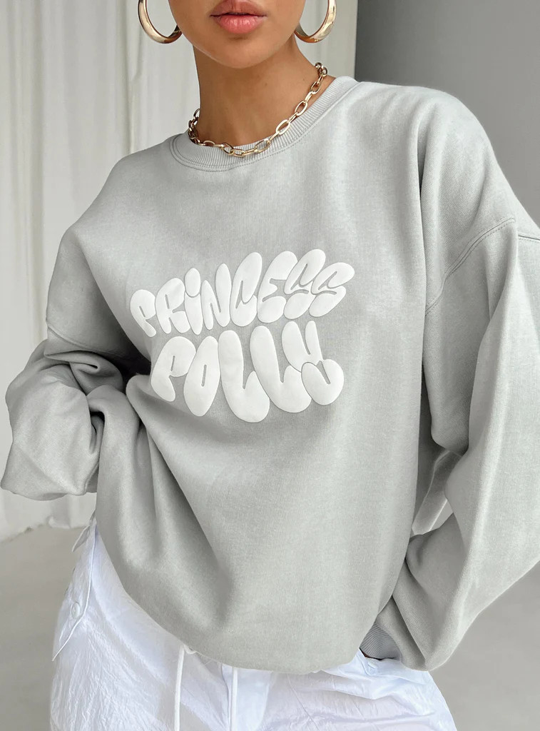 Princess Polly Crewneck Sweatshirt Bubble Text Grey / Cloud White | Princess Polly AU