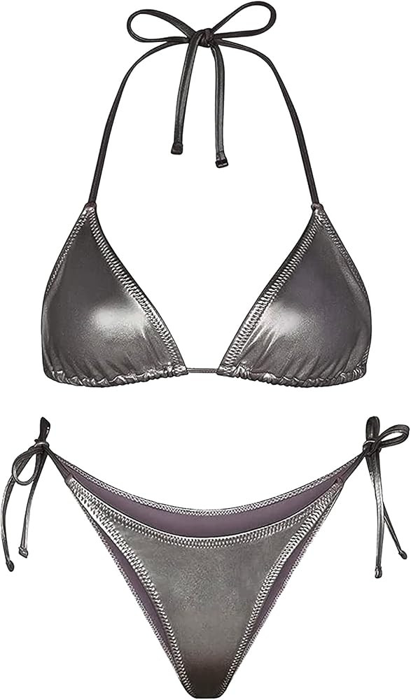 Ella Lust Metallic Bikini for Women - Silver Bathing Suit High Waisted Tie Side Thong Bottom Tria... | Amazon (US)